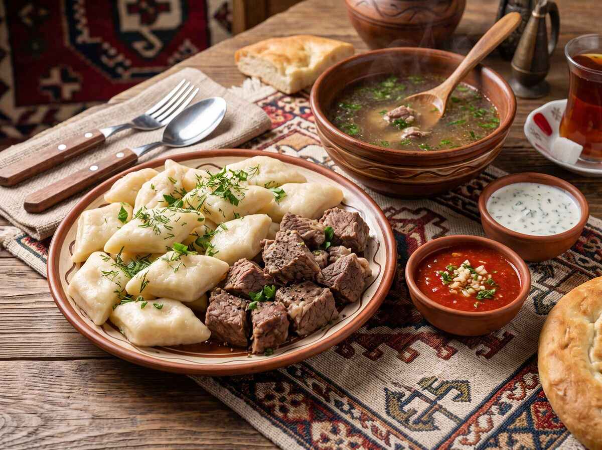 Аварский хинкал: ромбики теста, мясо, бульон и соусы