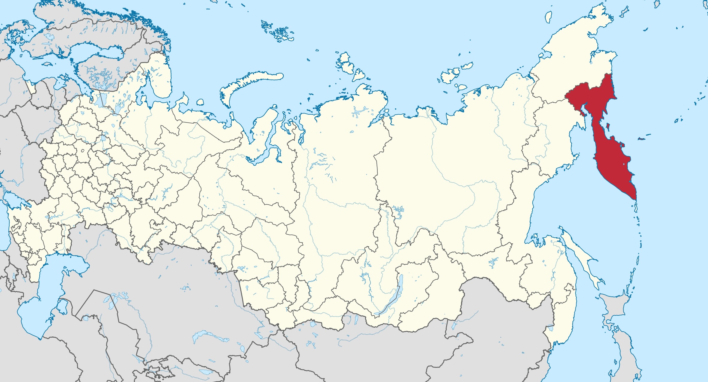 Карта России, на которой красным цветом выделен полуостров Камчатка